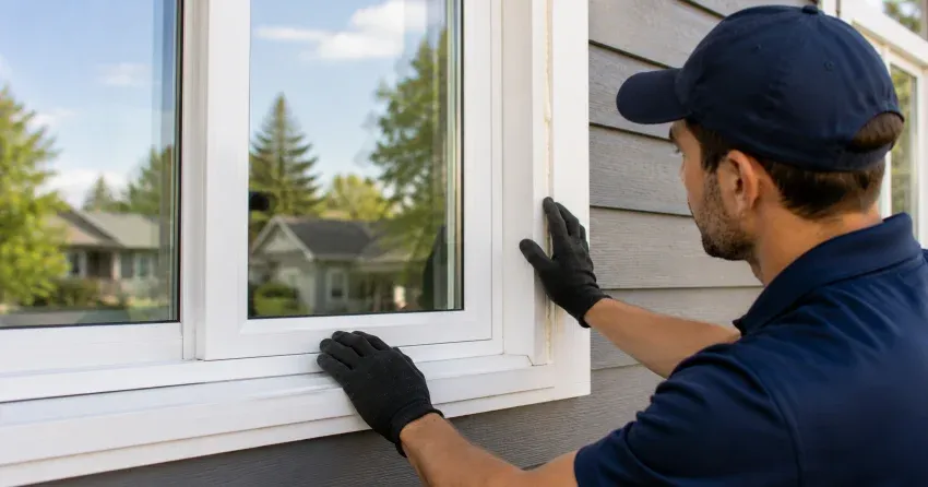 technician comparing full-frame and retrofit window replacement options in Acton, Halton Hills