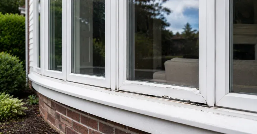 technician inspecting bow window frame and seal for damage in Acton, Halton Hills