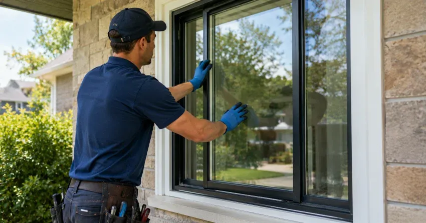 technician measuring a broken window pane for replacement in Bannockburn, Halton Hills