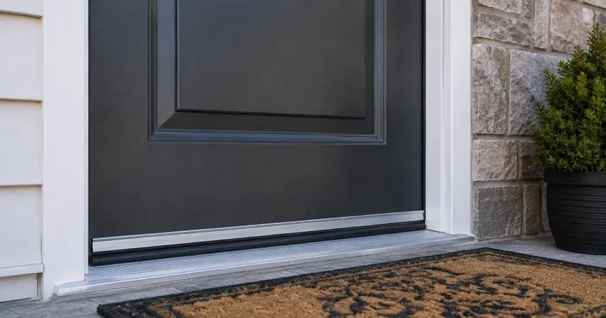 technician replacing worn door weatherstripping in Halton Hills home