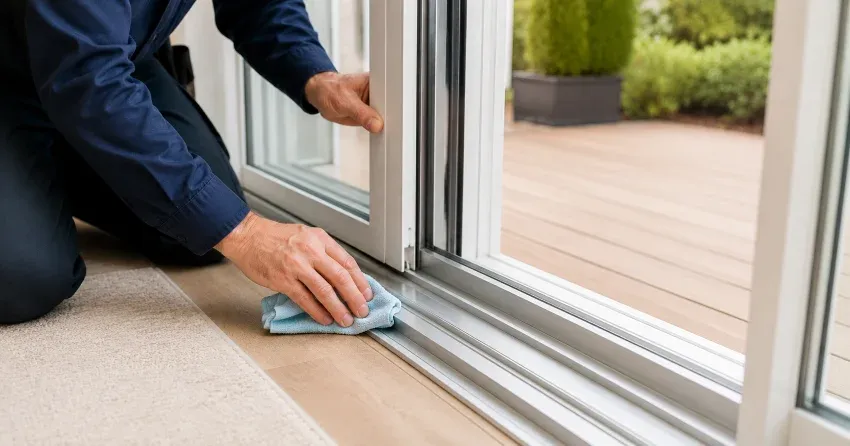 technician inspecting a sliding patio door track in Acton, Halton Hills
