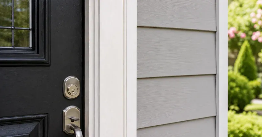 technician inspecting door jamb behind cracked casing in Henderson