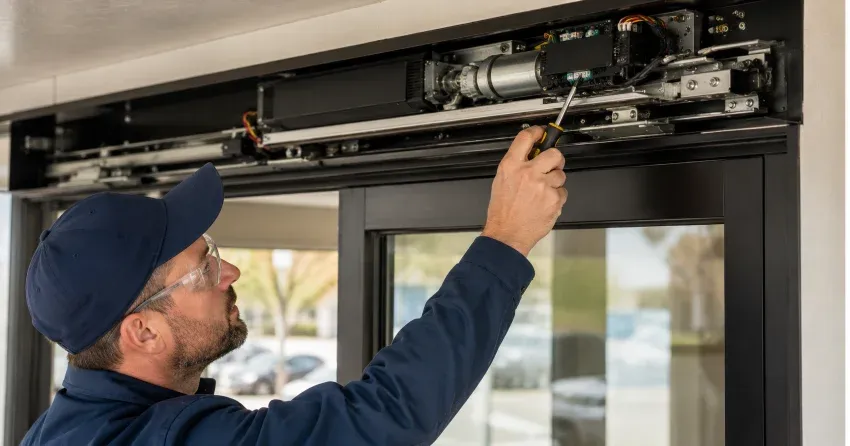 technician completing automatic door repair on residential property in Georgetown, Halton Hills