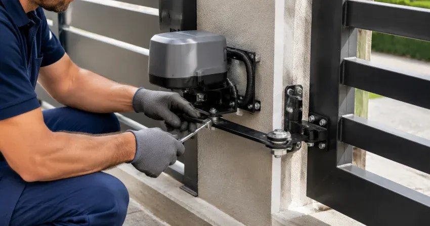 technician diagnosing automatic gate motor and control panel in Silver Creek, Halton Hills