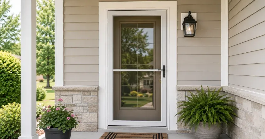technician hanging storm door square and plumb in Halton Hills