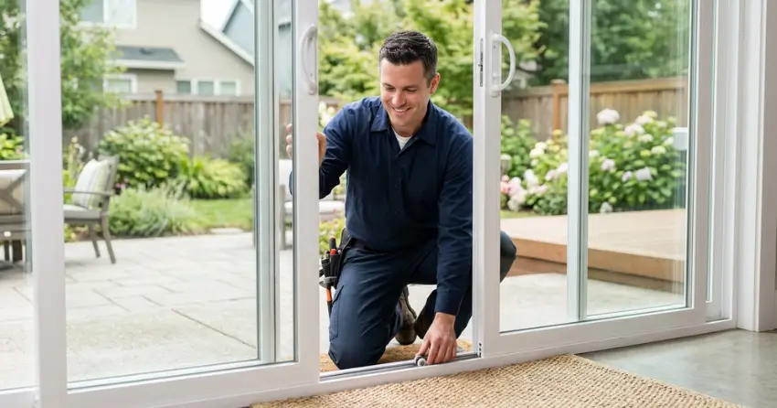 technician diagnosing a sticking patio door in Acton, Halton Hills
