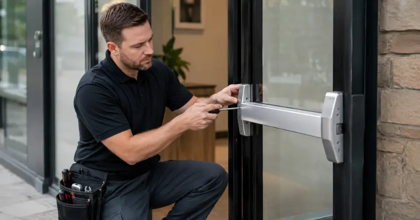 commercial locksmith repairing exit device on storefront door Acton, Halton Hills