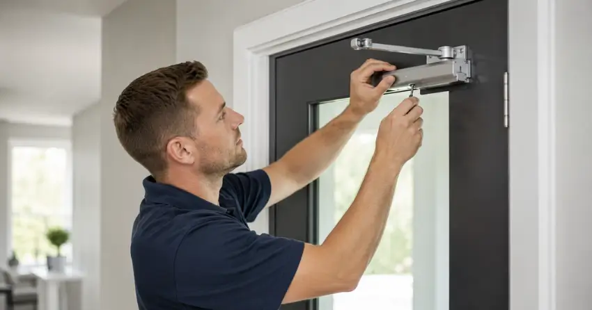 technician adjusting door closer hydraulic valve in Halton Hills home