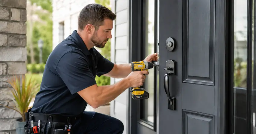 locksmith installing deadbolt lock on exterior door in Halton Hills