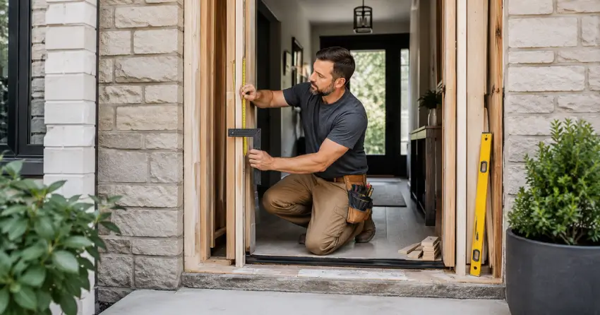 exterior door installer assessing rough opening in Crewsons Corners, Halton Hills