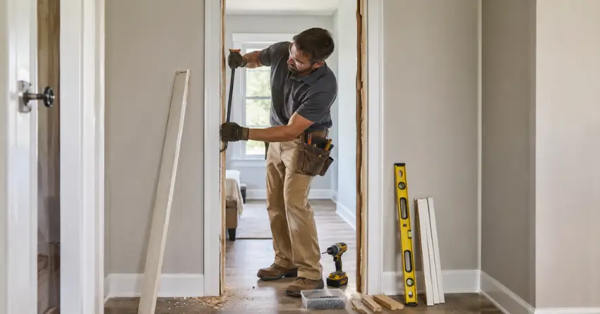 technician removing an old interior door frame during installation Halton Hills