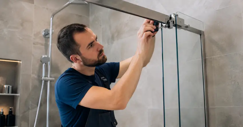 technician adjusting shower door hinge and track in Georgetown, Halton Hills