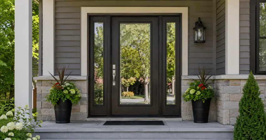 glass entry door with sidelights on a home in Mansewood, Halton Hills