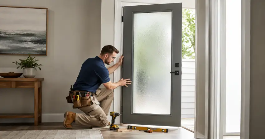glass panel door installation with frosted privacy glass in residential setting in Speyside, Halton Hills