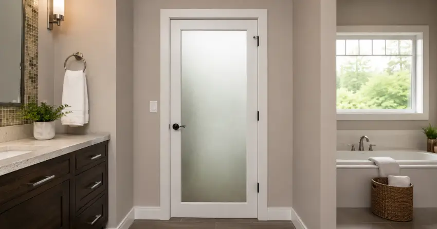frosted glass panel bathroom door installed in a Halton Hills home