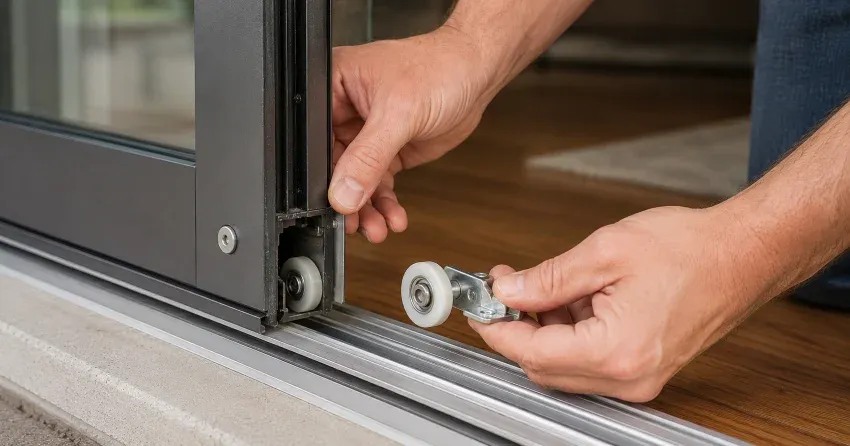 sliding door alignment Georgetown, Halton Hills technician adjusting roller track