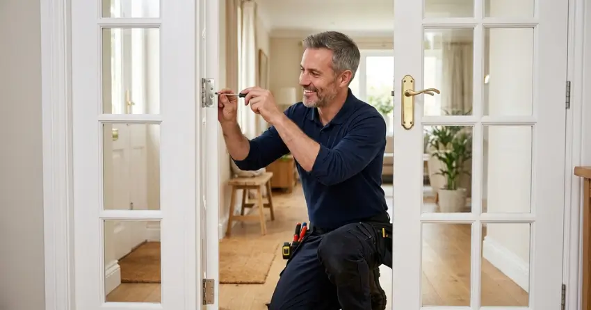 technician adjusting French door hinge for proper alignment in Glen Williams, Halton Hills