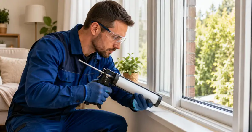 technician repairing window seal and frame in Hornby, Halton Hills