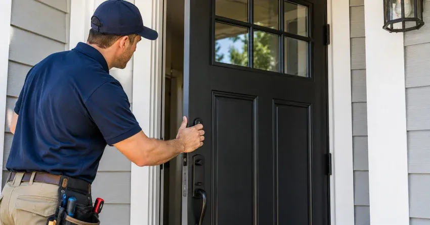 technician adjusting door hinge and strike plate in Henderson