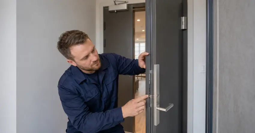 technician inspecting fire-rated door seal and hardware in Silver Creek, Halton Hills