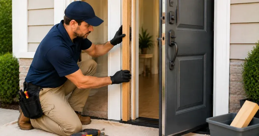 technician inspecting damaged door frame corner in Acton, Halton Hills