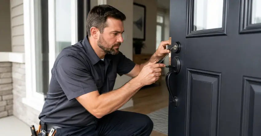 licensed locksmith technician working on residential deadbolt in Acton, Halton Hills