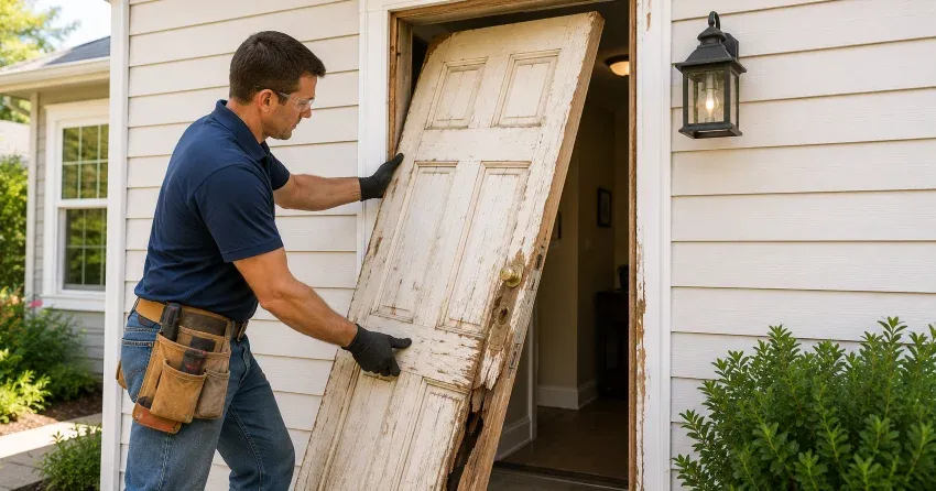 warped exterior door frame showing weather damage in Georgetown, Halton Hills