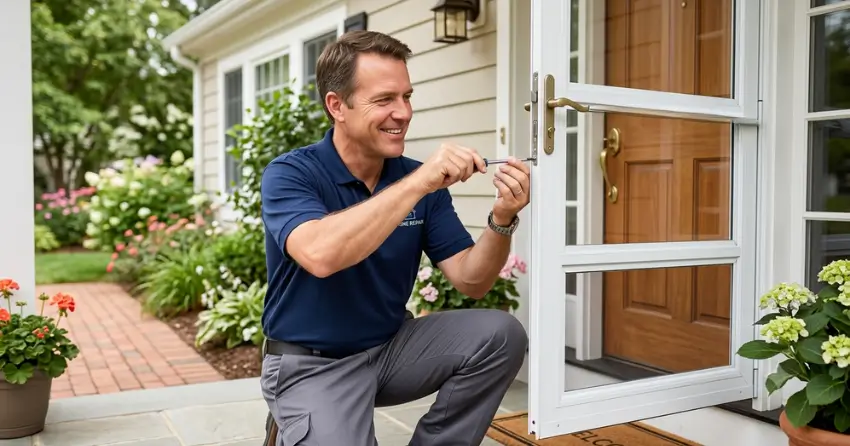 technician adjusting storm door hinge and closer in Ashgrove, Halton Hills
