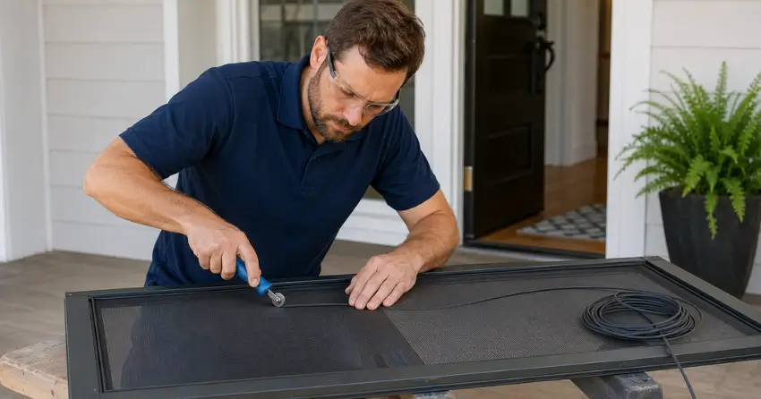 technician replacing screen door mesh and spline in Halton Hills